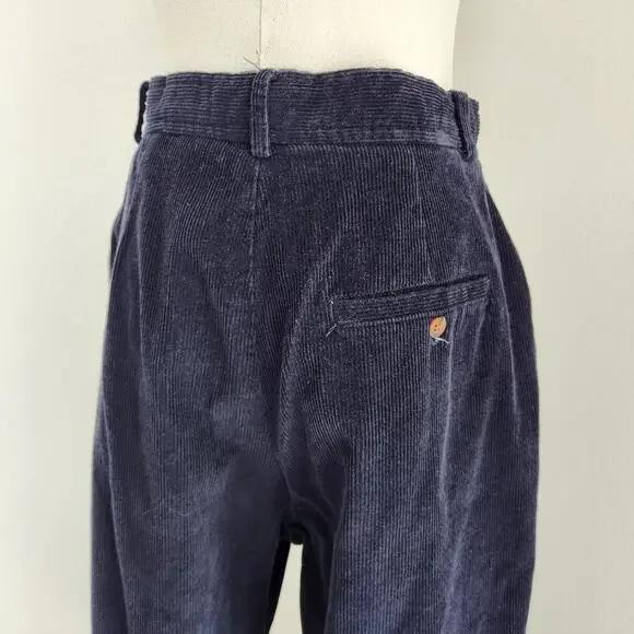 Vintage 80s Navy Blue Corduroy High Rise Pleated Trousers Straight Leg Pants M - Picture 7 of 9